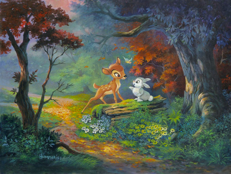 Bambi and Thumper meeting for the first time in the forest surrounded by greenery and trees.