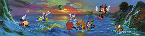 Mickey and friends are all swimming in a body of water surrounded by hills shaped like Mickey's ears. Minnie is jumping into the water as Goofy relaxes in a tube, and Goofy and Mickey are both smiling in the water. Daisy and Donald Duck are pointing up towards a small Earth in the sky, surrounded by colorful clouds. 