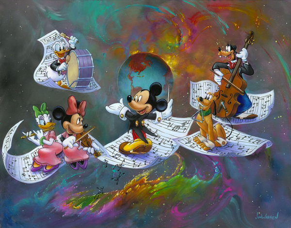 Mickey is conducting an orchestra made up of Pluto, playing triangle, Donald, playing bass drum, Goofy playing bass, Daisy playing flute, and Minnie playing violin. They are standing on pieces of floating sheet music covered in notes, with a rainbow version of space surrounding the planet Earth.