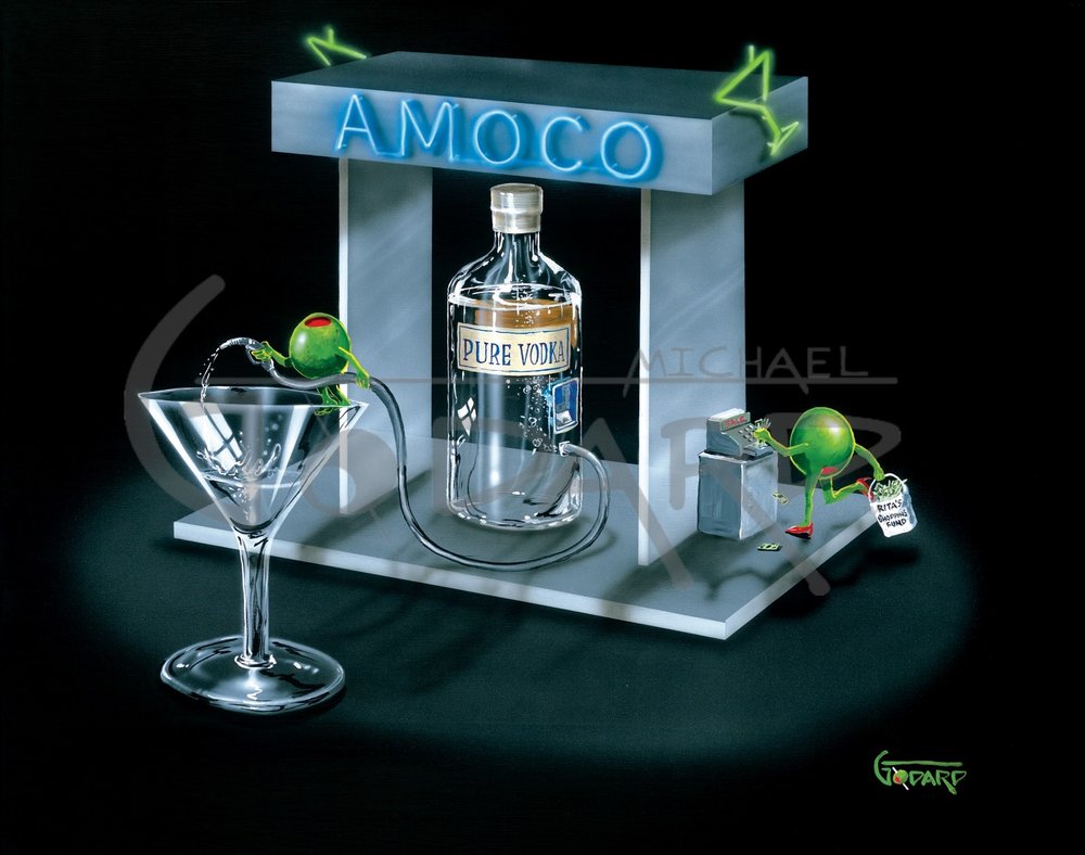 Black background canvas. "Amoco" gas pump is pumping straight vodka from the "Pure Vodka" bottle into a martini glass. A male olive is holding the hose atop the glass. The female olive is holding a bag full of cash that says, "Rita's Shopping Fund". She is at a cash register. 