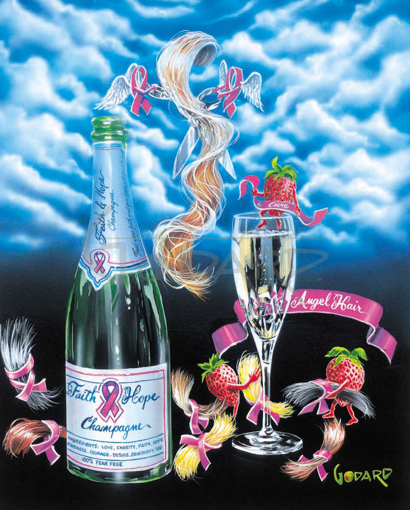 This piece depicts a champagne bottle of faith & hope, and champagne strawberries with angel winged pink ribbons carrying bundles of hair bounded by pink ribbon that signifies breast cancer awareness on a beautiful blue cloudy background.
