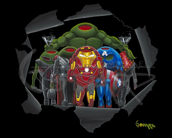 Black background canvas depicting the original Avengers, including the Hulk, Iron Man, Captain America, Thor, Hawkeye, and Black Widow. The hulk is holding a martini glass in each hand and they are standing inside what looks like torn black paper.