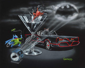 Black background canvas featuring batman as a green olive wearing his blue mask and cape. The strawberry Cat Woman is inside the martini glass. The glass has an etched bat in the stem. The black and red bat mobile car is awaiting them. The bat signal is high in the sky and several bats are approaching. 