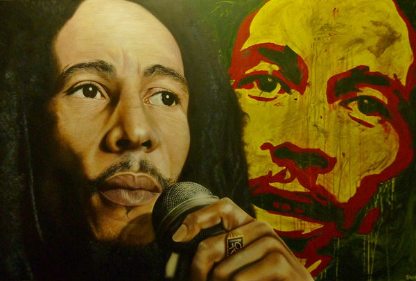 A close up of Bob Marley is pictured, looking towards the right with a microphone in his hand and a large ring on his middle finger. In the background is a red yellow, black, and red painting of him facing forwards.