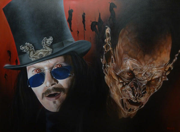Two depictions of Bram Stoker's Dracula from the 1992 film. On the left, a pale skinned, red eyed man with a mustache and long black hair, in a top hat, blue-lens glasses appears shocked, with his mouth slightly ajar. On the right, a red distorted face with large flaming ears and a terrifying glare. The background is red with several silhouettes of people shanked on what appears to be very tall stakes. 