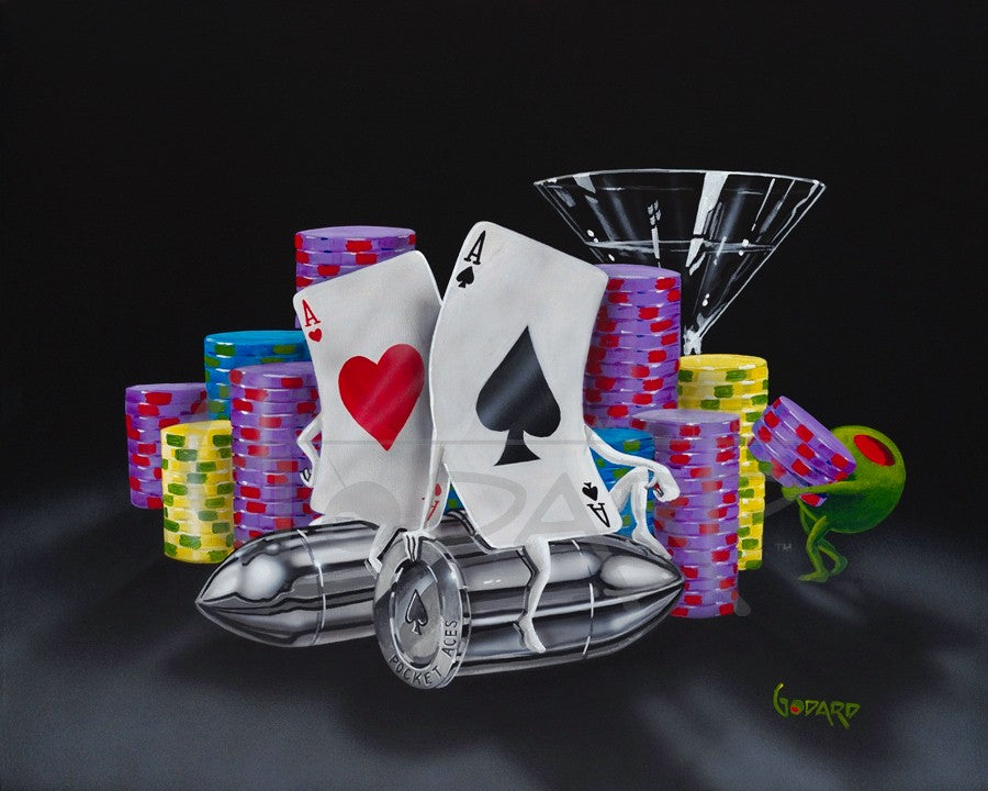 Black background Canvas.This poker image depicts two Aces with arms and legs, one of hearts, the other of Spades, sitting on two silver bullets. A martini glass peers out from behind several stacks of purple, yellow and blue poker chips, while a green olive carries a stack of purple chips.