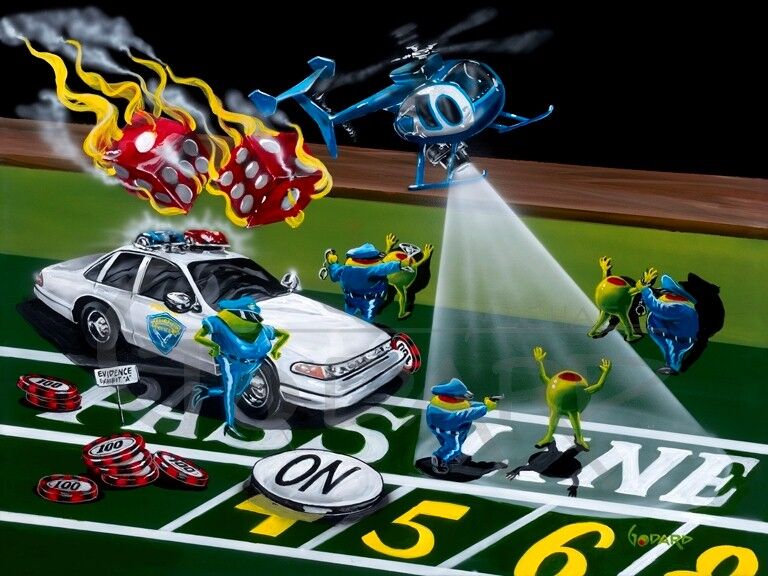 Black background canvas. Flaming dice flying onto the craps table with several animated olives being arrested with a whit cop car and a blue police helicopter above with it's light on a suspect below.