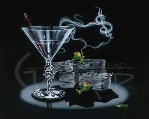 Black background canvas depictig two green olives lounging on stacks of cash, one olive is smoking and the smoke forms a dollar sign. The martini glass has a dollar sign carved into the stem and a red dollar sign stir stick is inside the glass. 