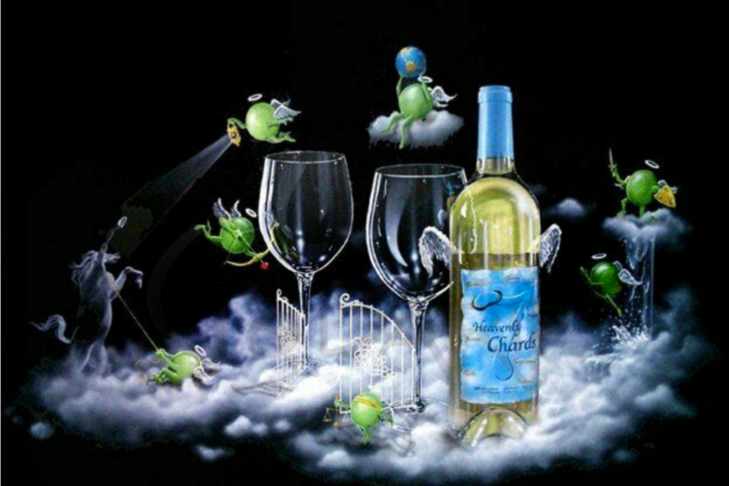 Black canvas with seven green grape angels 'hanging out in heaven' around two glasses and a full bottle of Heavenly Chards white wine. 