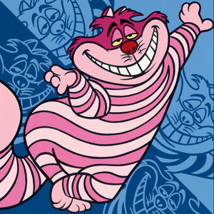 cartoon cat that has pink stripes leaning against a blue wall of self portraits