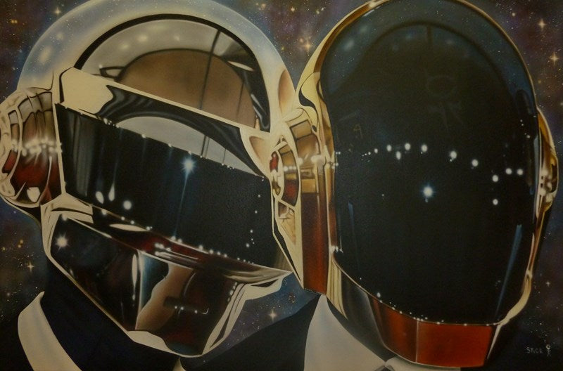 A painting of daft punk with their signature space helmets is shown. The helmets are mostly gold with a black screen on the face. They appear to be wearing black and white tight suits. In the background is space, with lots of gold twinkling stars and purple and blue hues.
