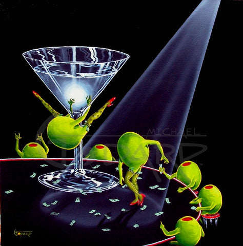 Black background canvas depicting a female green olive doing a "dirty dance" on the stem of a martini glass. She has dollar bills tucked into her stockings. Another female green olive is busy picking up the cash, while five male green olives are sitting around the table watching the "dancers".
