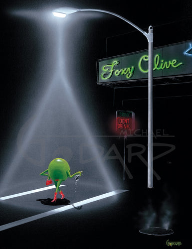 Black background on canvas depicting a female green olive walking under a street lamp, the light in the form of an upside down martini glass. She is wearing red boots and carrying a red purse and spilling her martini as she crosses the street against the walk sign. "Foxy Olive" sign in green neon behind the lamp pole. 