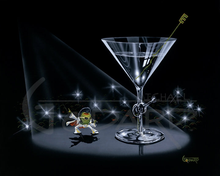 Black background on canvas depicting a green olive as Elvis Presley, wearing his famous white suit with cape. The stir stick is green and in the shape of an "E". A guitar adorns the stem of the martini glass and flashes from the cameras go off behind him. 
