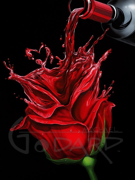 Black background on canvas depicting a bottle of red wine in the upper right corner being poured and it pours into a beautiful red rose and splashes into a wine heart at the top of the rose. 