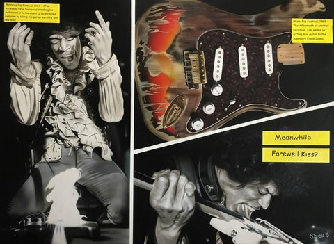 Painted images of Jimi Hendrix and his famous guitar