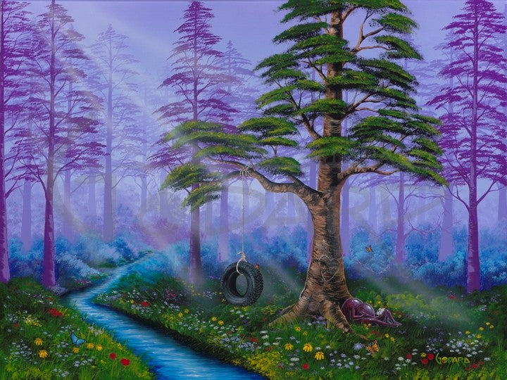 Forest trees, river lavendar trees/background. Tire swing hangs from front tree.