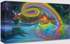 Wizard Mickey stands on a green stump, the bottom half which you can see underwater. He shoots rainbows from his hands, which swirl and dive into the water. Under the water comes dolphins from the color, swimming and jumping. Above the water comes rainbow birds flying away. In the background is swirls of color in the starry darkness.