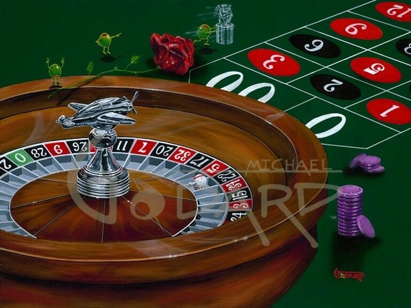 Michael Godard painting of a roulette wheel and a rose with olives