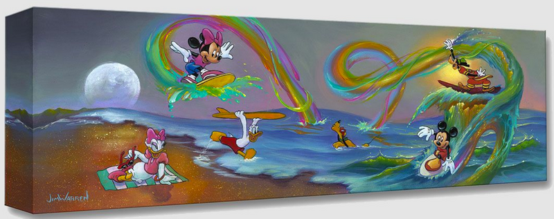 Mickey and friends are at the beach with a setting moon on the left and a hazy sun  on the right. Daisy is sitting on a towel, watching the rest of the gang. Donald is running into the water with a surfboard over his head. Pluto is swimming with goggles on. Mickey, Minnie, and Goofy are all surfing on bursts of rainbows coming from the water.