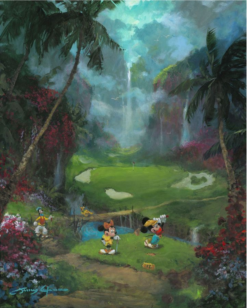 Setting in Hawaii with palm trees waterfalls, and beautiful red and pink flowers all around. Mickey and Minnie Mouse golfing on the green with Goofy and Pluto not far behind. 