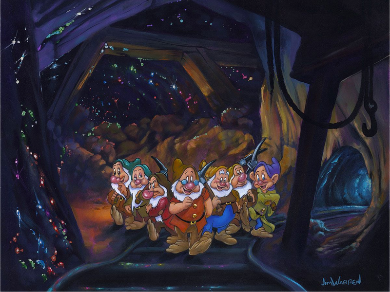 The Seven Dwarves from Snow White are walking through the mines with smiles on their faces and pickaxes in their hands. The mine has a railroad and wood frames, with rainbow colored jems filling the stone tunnels.