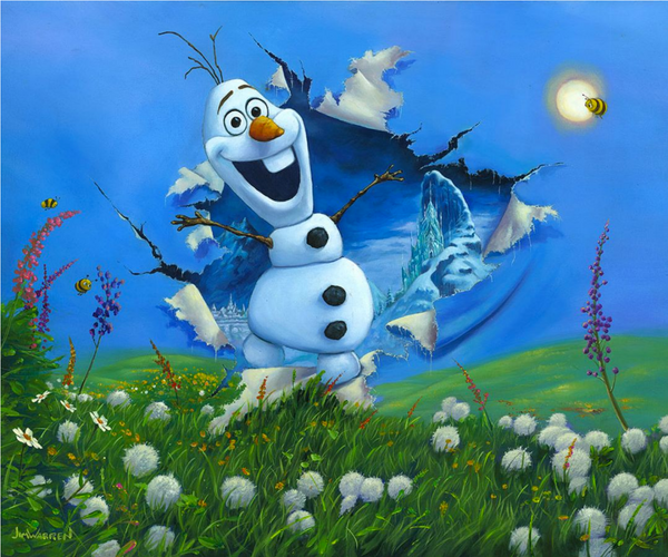 A colorful spring landscape, with blue cloudless skies, green hills, pink and purple flowers and white dandelions, is interrupted by a smiling Olaf busting through the painting. He steps out of a blue and white icy winter, with snow covered trees and mountains.