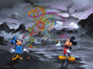 A black and white rocky ocean landscape is interrupted by a colorful Mickey and Minnie Mouse. Coming from Mickey's hand is a spur of color in the form of butterflies, hearts, and swirls of paint.