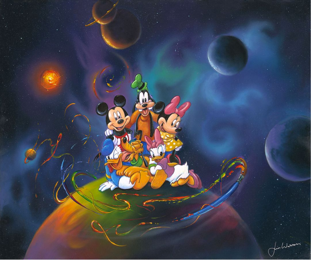 Mickey and his crew of Minnie, Goofy, Daisy, Donald, and Pluto, are smiling and sitting on top of a planet in a solar system. The rainbow-hued planet is being circled by a flying paintbrush, leaving behind colorful dashes of paint. The other planets, as well as a bright orange star, are in the background surrounded by the blues and purples of the galaxy and stars.