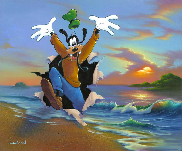 Goofy bursts through a painting of a beach landscape with a wide grin on his face. Small waves are lapping at the shore, with rainbows underneath them, as well as green hills. The sky is cloudy, and the sun is starting to set and turn the sky orange.