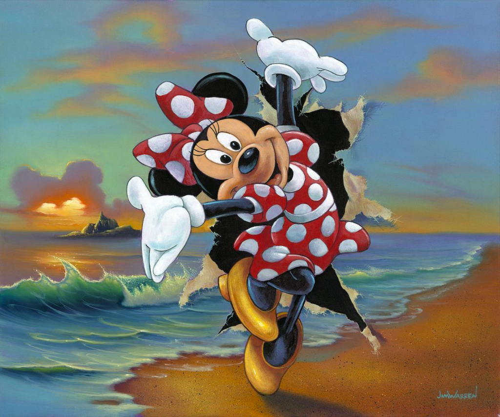 Minnie in a red polka-dotted dress bursts through a painting of a beach. She steps onto a sandy shore, with mild waves going towards it. In the distance is a small mountainous island, behind which is a mouse ear shaped cloud covering a setting sun. Orange whispy clouds scatter across a light blue sky.