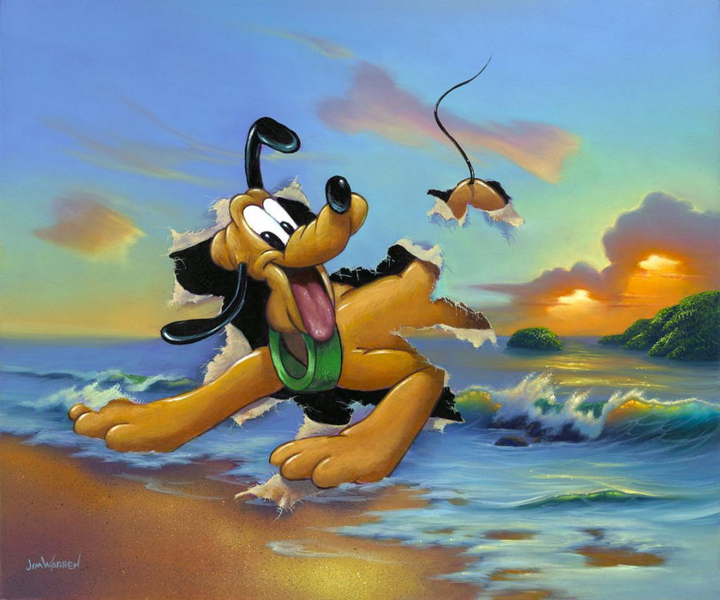 Pluto is bursting through a painting of a beach, his feet on the shore and his tail poking another hole above the rest of him. Puffy clouds cover a setting sun as small waves rush inland, and green hilly islands are in the distance. A hidden rainbow can be seen underneath a wave.