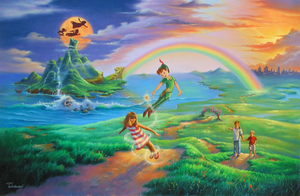 Peter Pan uses his magic to make a girl fly in a hilly green landscape, with two boys watching and pointing in awe. In the distance is a lit up city, and a rainbow connects this with the island of neverland, whose inhabitants are flying in front of an orange moon in a blue sky. On the other side is a orange sky and a setting sun.