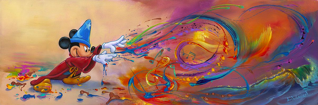 A wizard Mickey Mouse is shown on the left, surrounded by globs of paint and an otherwise beige background. Shooting from his hands across the landscape is colorful swirls and waves of paint, some in the shape of music notes, ending in a crashing ocean wave, surrounded by colorful light.