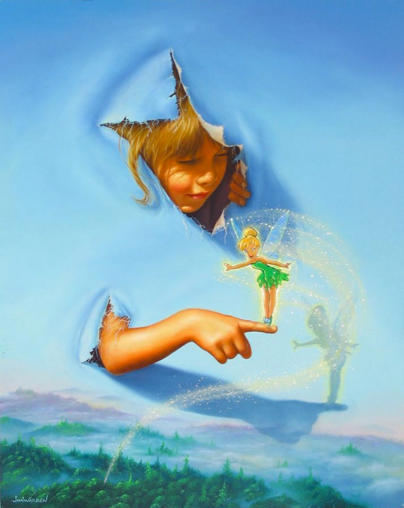 A little light skinned girl with blonde hair is bursting through a painting of a forest and hills landscape below a bright blue sky. Her hand and head break through, and tinker bell stands on her finger as magic swirls around her, with their shadows appearing on the landscape.