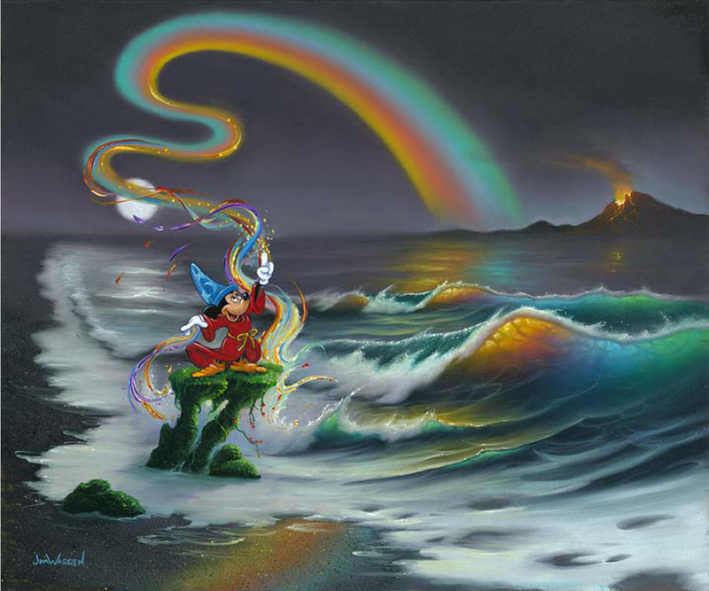 Wizard Mickey stands in red robes and a blue hat on a small green platform in an otherwise gray beach setting. A rainbow comes from Mickey's wand, creating a reflection of color in the waves and sand beneath it. There is also an orange light coming from a volcano in the upper right corner.