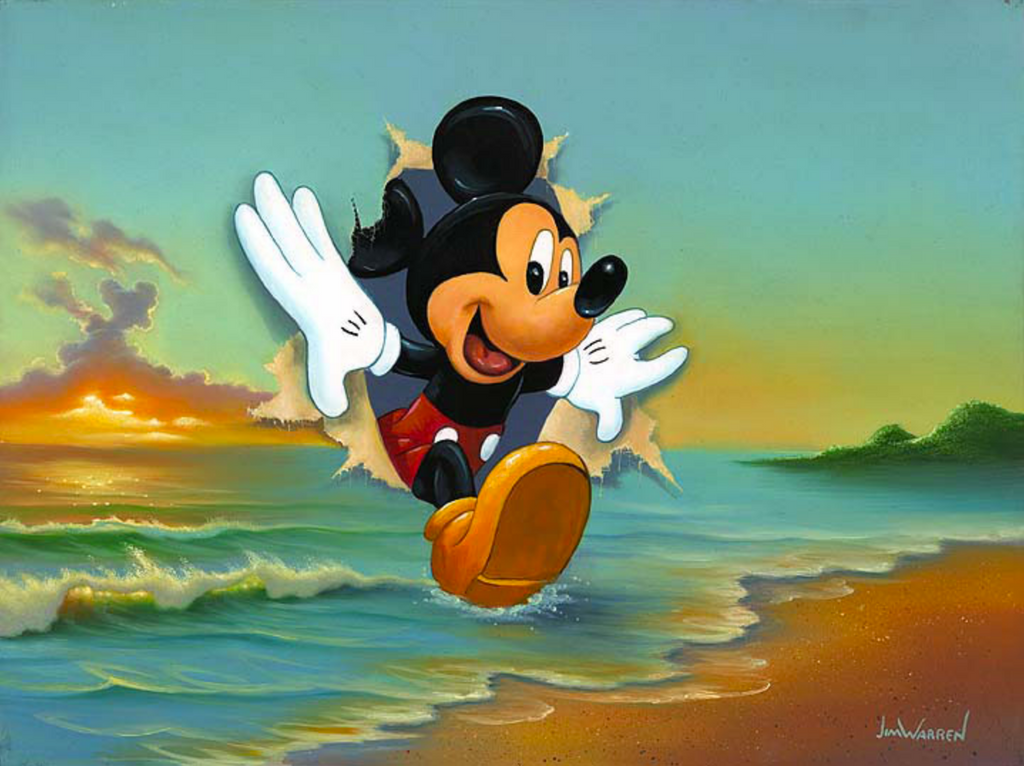 Mickey Mouse bursts through a painting of a beach landscape. In the right distance are grassy hills, while on the left a setting sun is shining through a cover of clouds. He steps onto the water lapping onto shore, while mild waves are coming towards it.