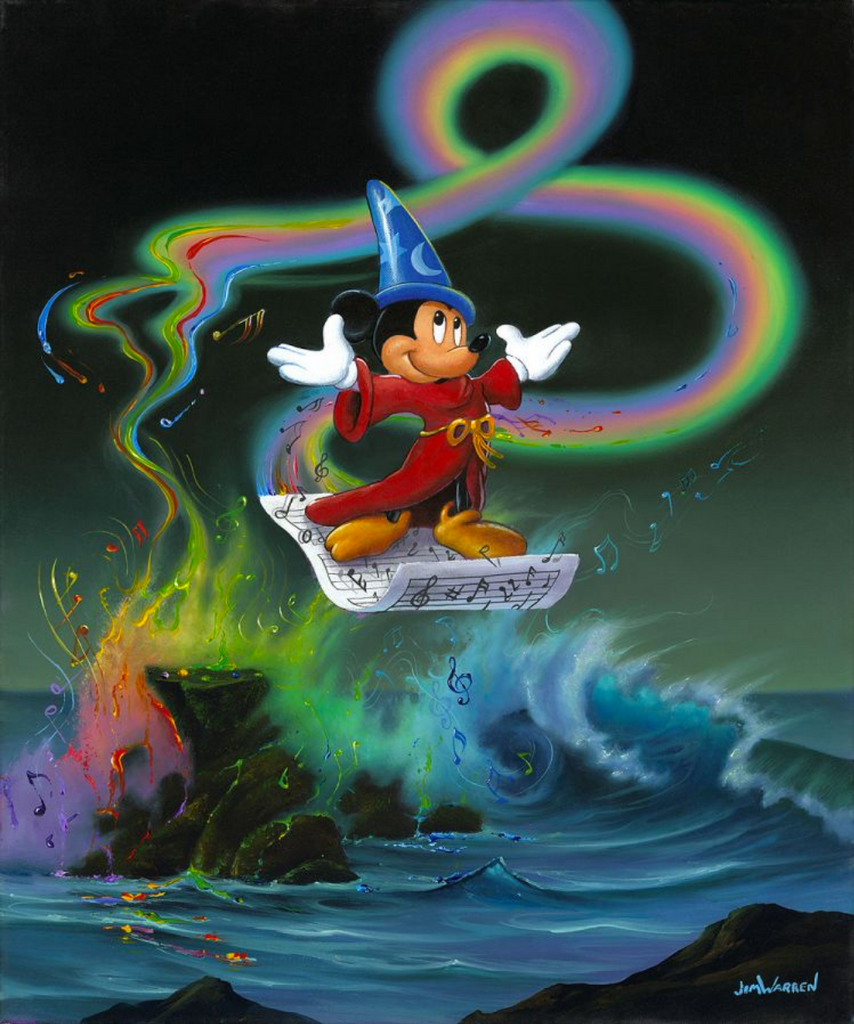 Wizard Mickey in a red robe and a blue hat is standing on a piece of floating sheet music. Below him, a rough sea splashing over large rocks. Trailing behind the music is a rainbow swirling around the piece down into the water, with rainbow colored music notes dancing around it.