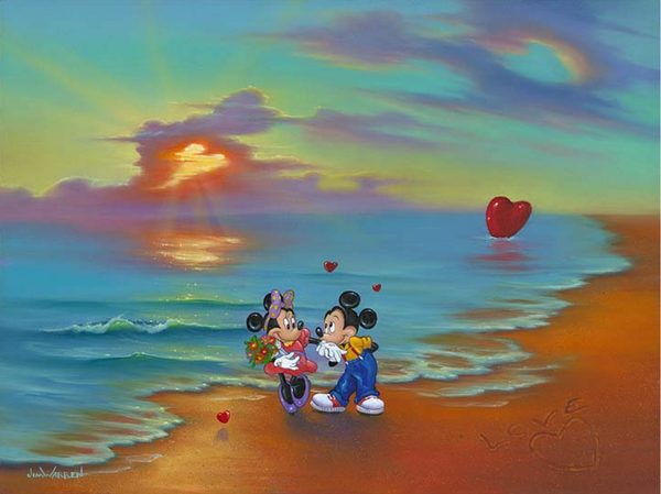 Mickey kisses Minnie's hand as her older holds a bouquet of flowers. They stand on a beach, in which a heart with "love" above it is carved into the sand, and other red hearts are in the water or sand. In the sunset is several hearts cut out of the clouds, reflected in the sea below it.