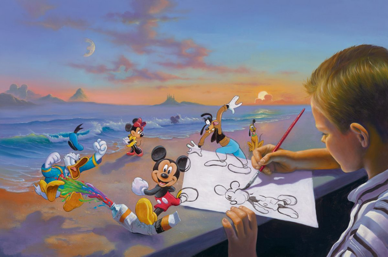 A light skinned blond boy is pictured painting Mickey in ink on a table, which turns into a sandy beach with mountains in the distance. A different Mickey steps off the page onto a container of oil paint, which squirts onto an angry Donald. Minnie and Pluto are also shown, and Goofy is stepping off the page as well.