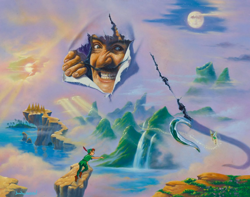 A realistic drawing of captain hook bursts through a painting of neverland, with his hook slashing through as well. Peter Pan reaches towards Tinker Bell, who has flown close to the hook. A rock path above the water leads to a small grove of trees, and behind Hook is a green mountainous region. Both a setting sun and a high moon can be seen.