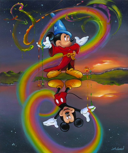 A mirrored painting shows the top half as wizard Mickey in his red robe and blue hat. Coming from his hand are swirls of paint seemingly alive. A sunset over green hills and a starry sky lay behind him. Mirrored in this is regular Mickey, with a rainbow coming from him and connecting with the paint that Wizard Mickey conjured.
