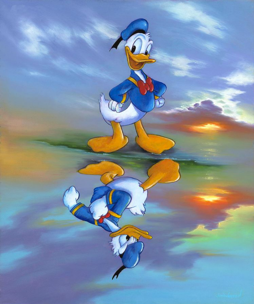 A mirrored image shows two Donald Ducks. The top image shows him standing happily on a small green land surrounded by a blue sky, whispy clouds, and a setting sun. The mirrored image shows him with a grumpy look on his face glaring sideways, with the rest of the landscape mirrored the same.