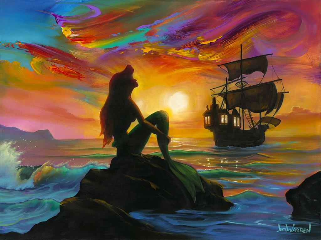 A shadowy Ariel sits on a rock in the ocean, mild waves surrounding her. In the distance, a giant lit up ship drifting away. The sky is painted with rainbow colors, swirling around a setting sun. These colors are reflected into the sparkling water beneath it, and in the waves.