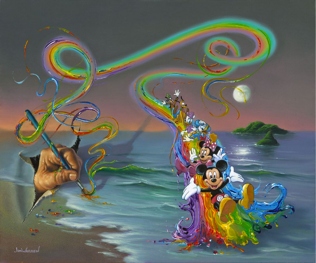 Walt Disney's hand bursts through a beach setting, which he uses a paintbrush to create a swirling rainbow. On the rainbow of paint is a line of Mickey and his friends Minnie, Donald, Daisy, Goofy, and Pluto, who all look delighted. The rest of the setting is a calm ocean under a low moon and small green hills in the distance.