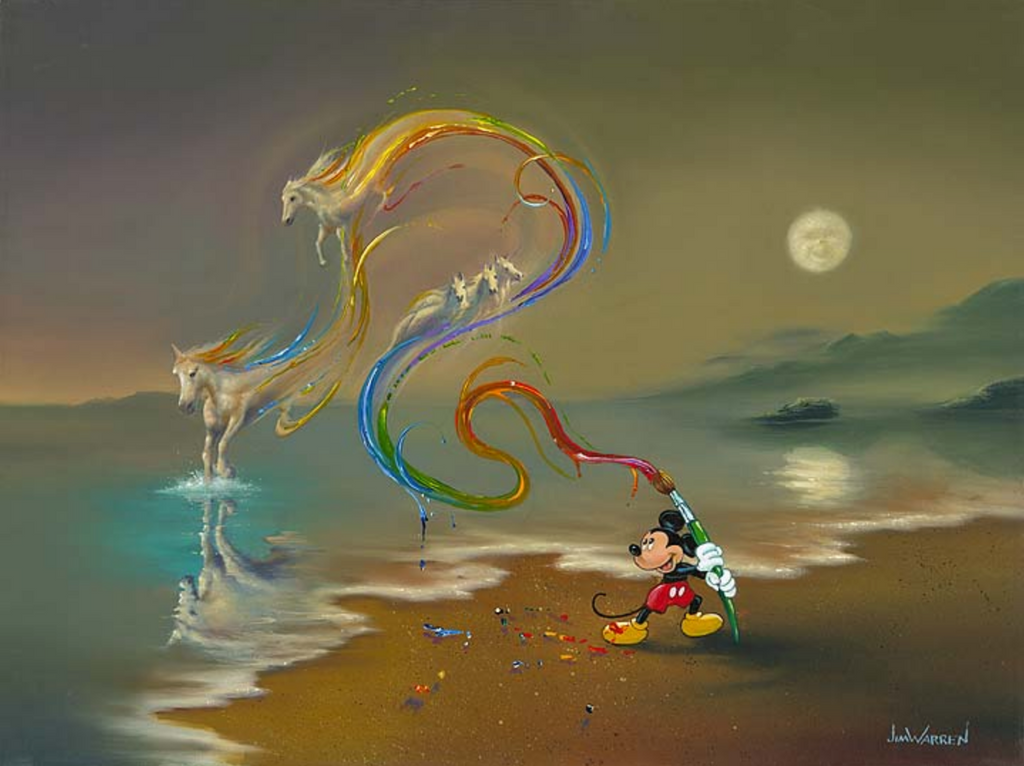 Mickey stands on a moonlit beach, with calm water lapping at the shore. He holds a paintbrush that releases streams of winding rainbow colors, which at the end turn into several mighty white stallions. One touches the water, which can be seen in its reflection, as well as the moon.