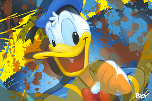 Donald Duck wearing blue hat, yellow and blue paint splatters.