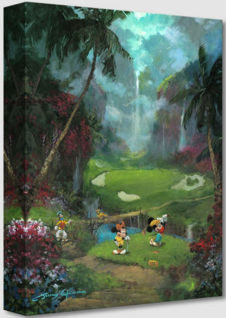 Setting in Hawaii with palm trees waterfalls, and beautiful red and pink flowers all around. Mickey and Minnie Mouse golfing on the green with Goofy and Pluto not far behind.