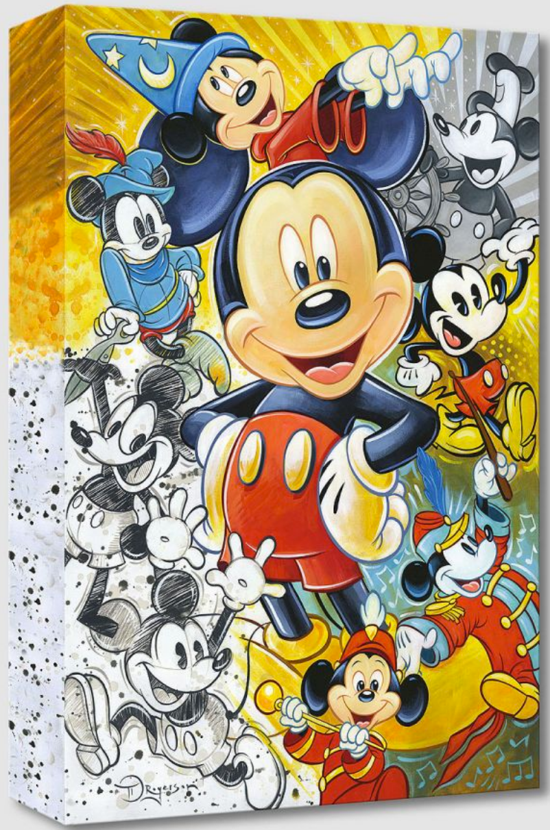 Many faces of Mickey Mouse on canvas. Colors of red, yellow, orange, blue, black, and gray.