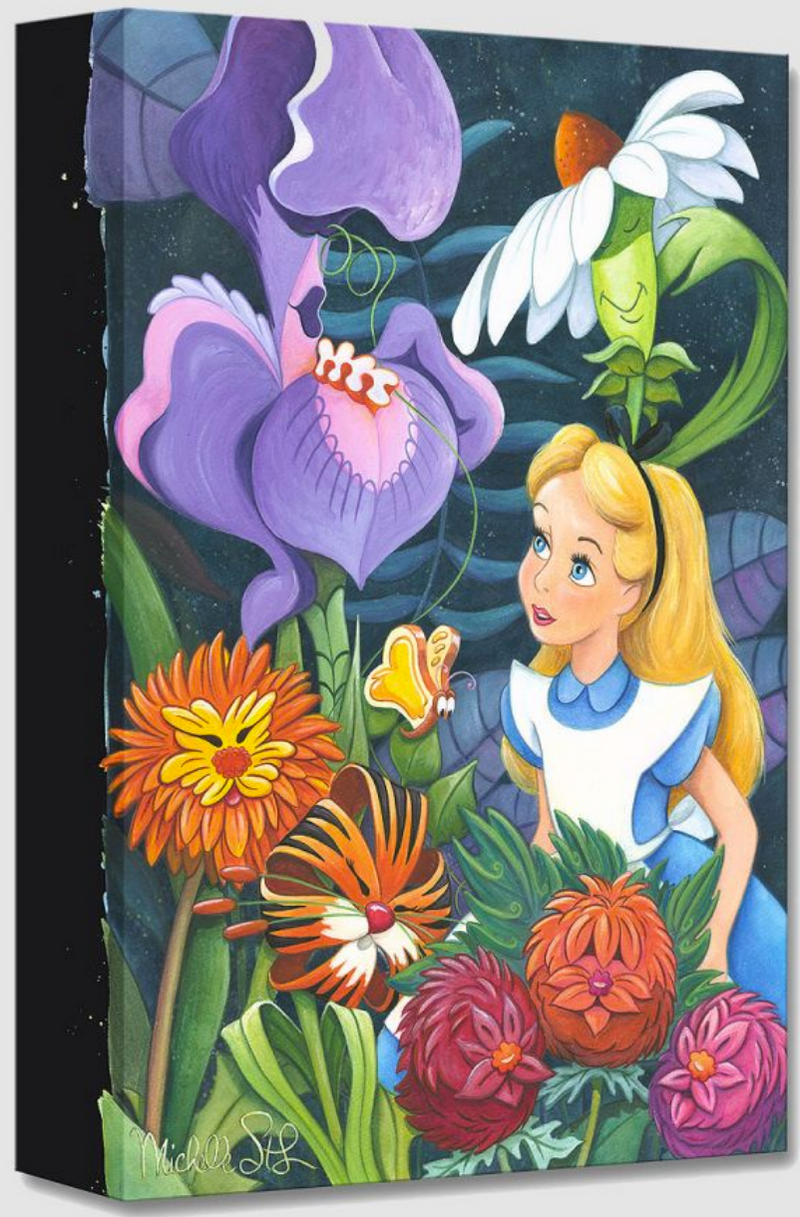 Alice from Alice in Wonderland amongst flowers of purple, orange, red, and white.
